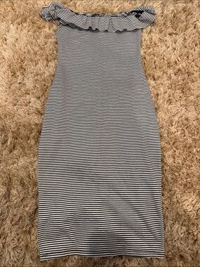 Zara Black & White Striped Off-Shoulder Midi Dress
